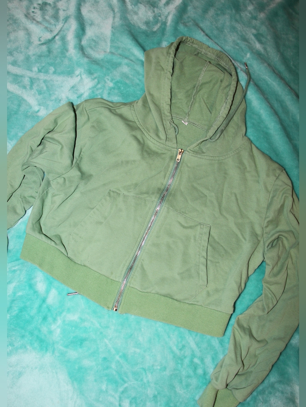 Women's Green Cropped Zip Up Jacket